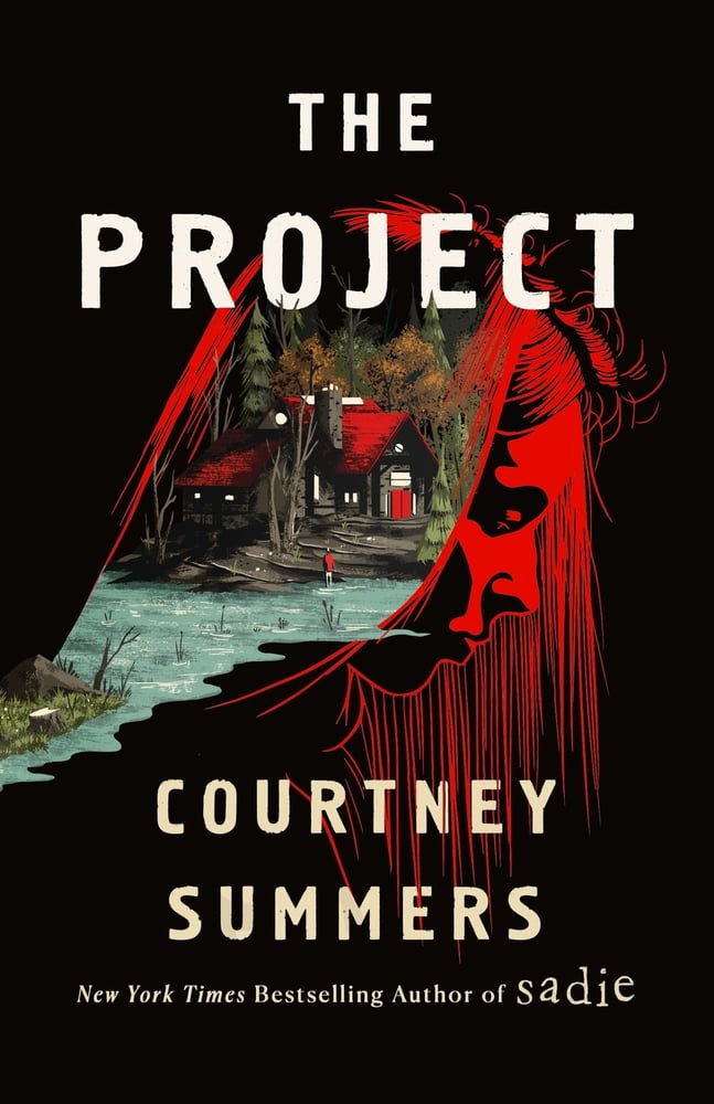 book cover with a girl and a superimposed photo of a cabin on her hair the project by courtney summers book cover