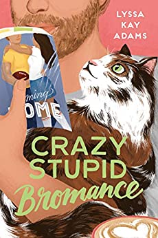 crazy stupid bromance book cover, illustrated man with a cat and a book